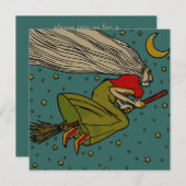 ヴィンテージ ハロウィン、ほうきに乗って飛ぶ邪悪な魔女 招待状 (正面/裏面)