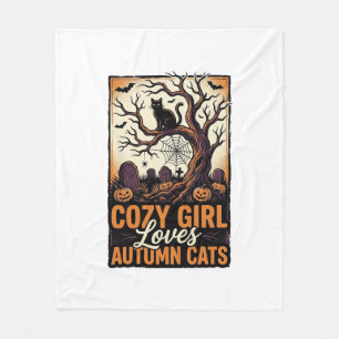 ヴィンテージ・ハロウィン・ガールTシャツ・猫好き者・秋 フリースブランケット