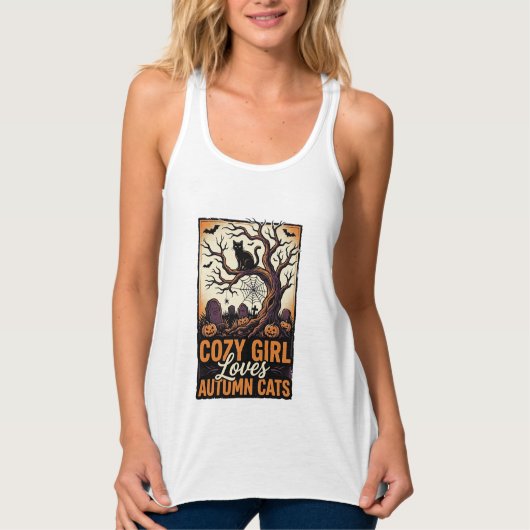 ヴィンテージ・ハロウィン・ガールTシャツ・秋の猫好き タンクトップ (正面)