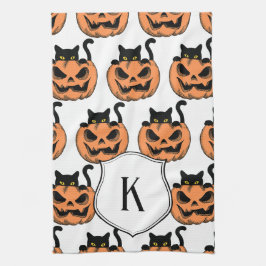 ヴィンテージ・ハロウィン・キャット・スプーキー・パターン・パーソナライズ キッチンタオル