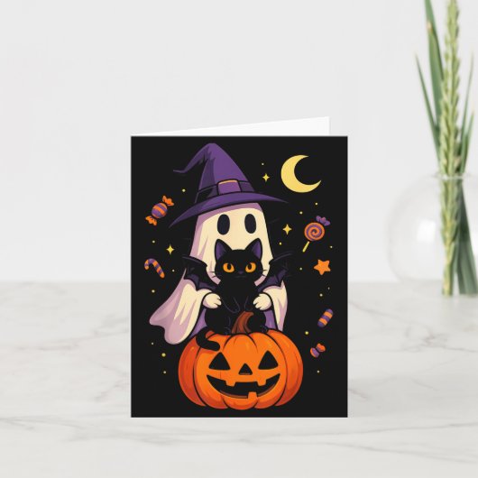 ヴィンテージ ハロウィン ゴーストと黒猫グラフィック カード (正面)
