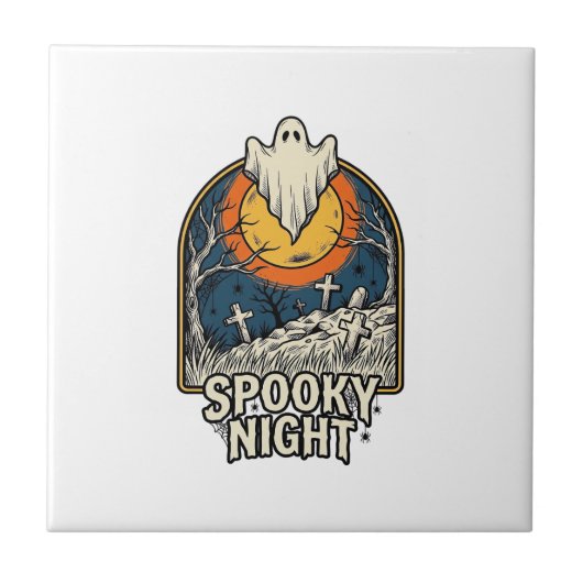 ヴィンテージ ハロウィン ゴースト 墓場 彫刻 Tシャツ_ タイル (正面)