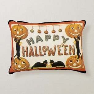ヴィンテージ ハロウィン、ジャックオランタンと黒猫 アクセントクッション