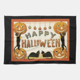 ヴィンテージ ハロウィン、ジャックオランタンと黒猫 キッチンタオル