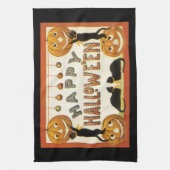 ヴィンテージ ハロウィン、ジャックオランタンと黒猫 キッチンタオル (縦)