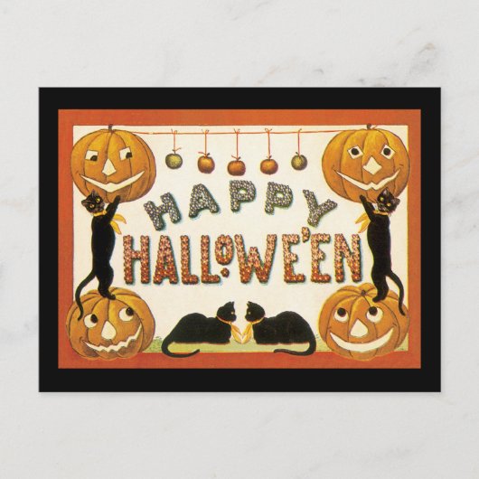 ヴィンテージ ハロウィン、ジャックオランタンと黒猫 ポストカード (正面)