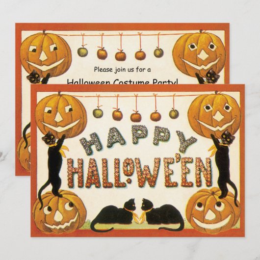 ヴィンテージ ハロウィン、ジャックオランタンと黒猫 招待状 (正面/裏面)
