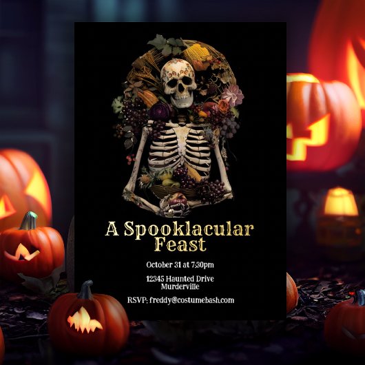 ヴィンテージ ハロウィン スケルトン スプーキー ディナーパーティー 箔招待状