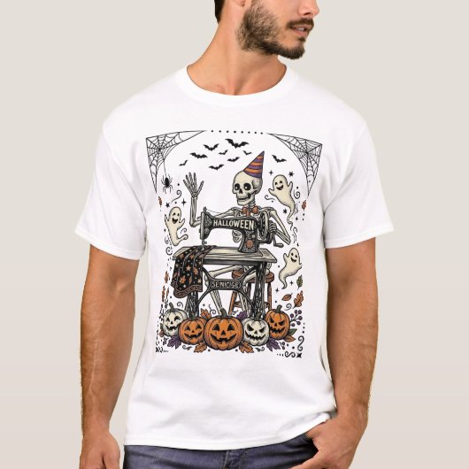ヴィンテージ ハロウィン スケルトン ミシン Tシャツ デザイン (正面)