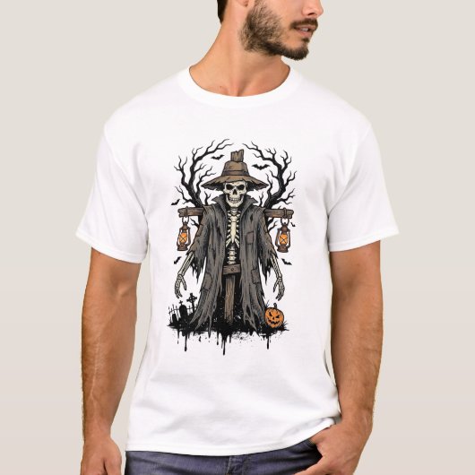 ヴィンテージ ハロウィン スケルトン 案山子 Tシャツ デザイン (正面)