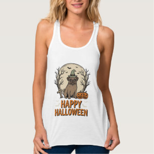 ヴィンテージ ハロウィン パグ 犬 魔女 帽子 Tシャツ デザイン_1