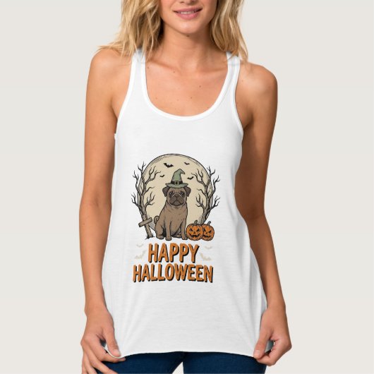 ヴィンテージ ハロウィン パグ 犬 魔女 帽子 Tシャツ デザイン_1 (正面)