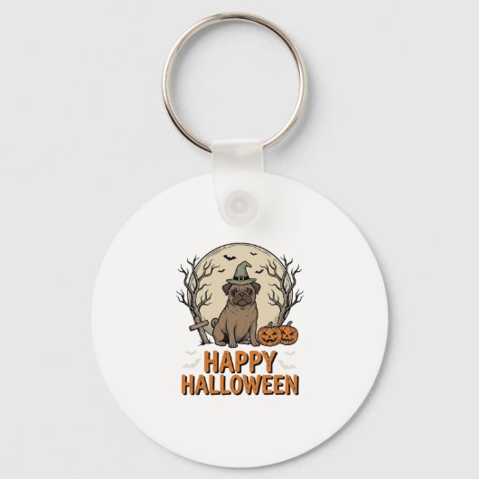 ヴィンテージ ハロウィン パグ 犬 魔女 帽子 Tシャツ デザイン_1 キーホルダー (正面)