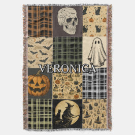 ヴィンテージ ハロウィン パッチワーク 秋 名前入り 刺繍 スローブランケット