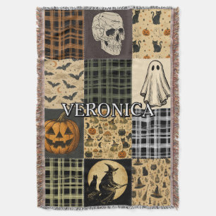 ヴィンテージ ハロウィン パッチワーク 秋 名前入り 刺繍 スローブランケット