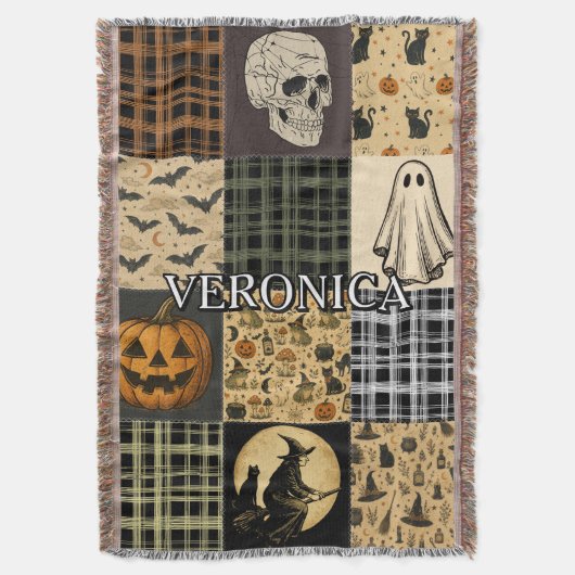 ヴィンテージ ハロウィン パッチワーク 秋 名前入り 刺繍 スローブランケット (正面縦)