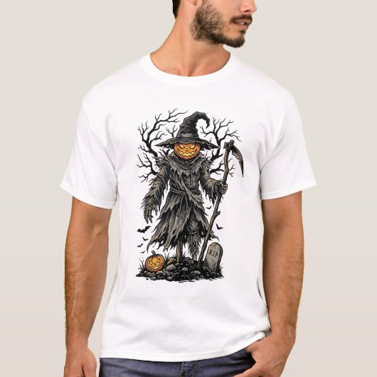 ヴィンテージ ハロウィン パンプキン 案山子 Tシャツ デザイン 1 (正面)