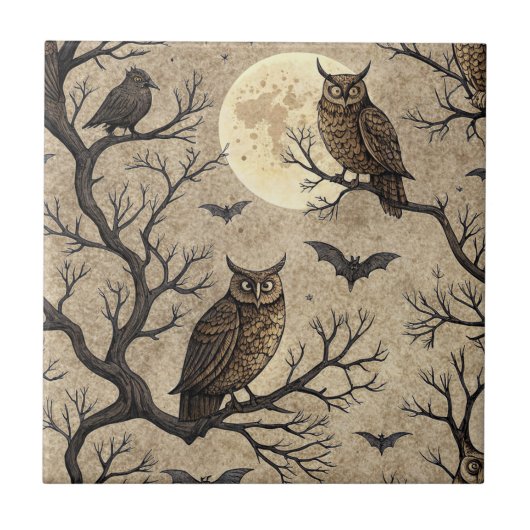 ヴィンテージ ハロウィン フクロウと月 タイル (正面)