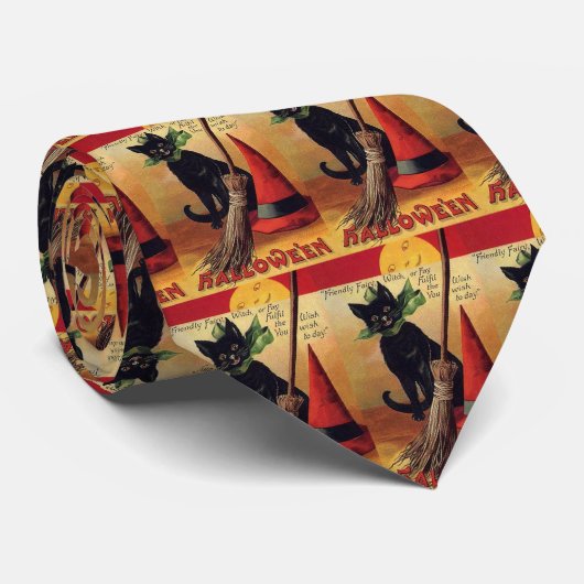 ヴィンテージ ハロウィン ブラックキャット、魔女のほうきと帽子 ネクタイ (ロール)