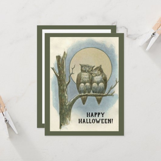 ヴィンテージ ハロウィン ペアのフクロウが夜の月に座る 招待状 (正面/裏面インサイチュ)