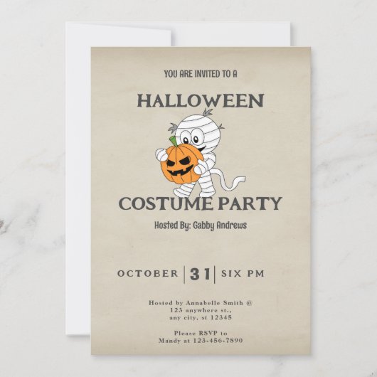 ヴィンテージ・ハロウィン ミイラのカボチャ提灯持ち 招待状 (正面)