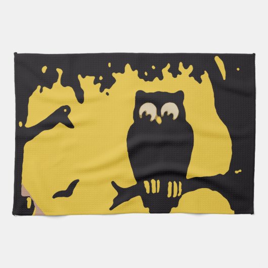 ヴィンテージ ハロウィン、不気味な木の上のフクロウと月 キッチンタオル (横)