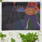 ヴィンテージ ハロウィン、不気味な魔女と少年 キッチンタオル (折り畳み)