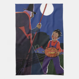 ヴィンテージ ハロウィン、不気味な魔女と少年 キッチンタオル