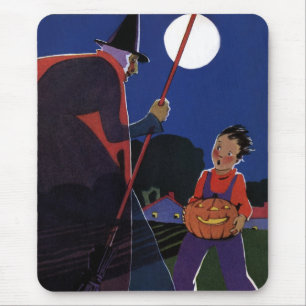 ヴィンテージ ハロウィン、不気味な魔女と少年 マウスパッド