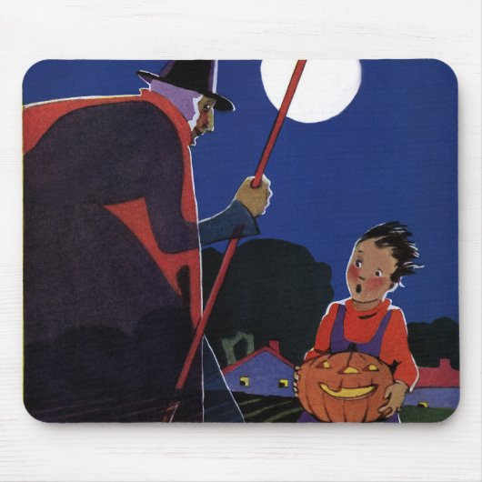 ヴィンテージ ハロウィン、不気味な魔女と少年 マウスパッド (正面)