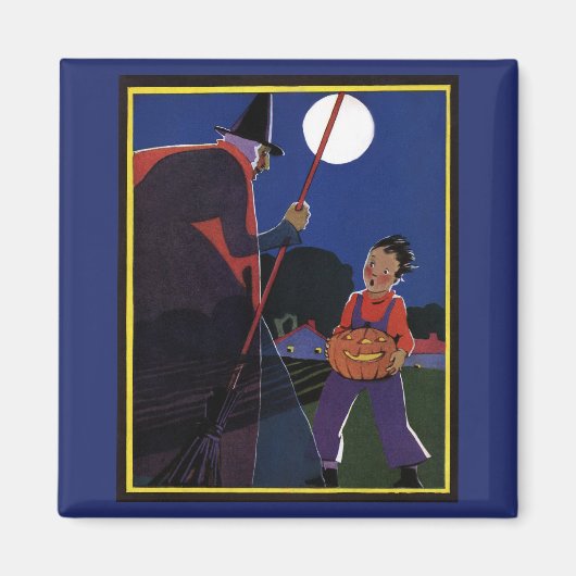 ヴィンテージ ハロウィン、不気味な魔女と少年 マグネット (正面)