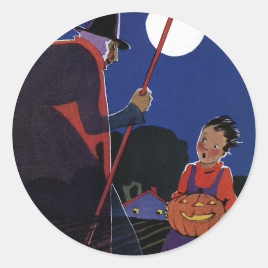 ヴィンテージ ハロウィン、不気味な魔女と少年 ラウンドシール (正面)