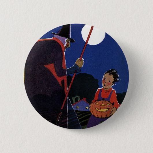ヴィンテージ ハロウィン、不気味な魔女と少年 缶バッジ (正面)