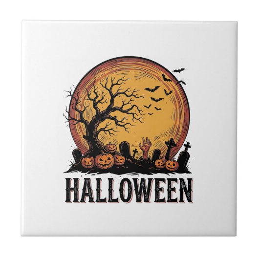 ヴィンテージ ハロウィン 墓場 コウモリ 月 アート_1 タイル (正面)