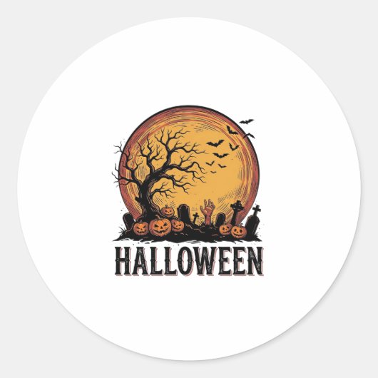 ヴィンテージ ハロウィン 墓場 コウモリ 月 アート_1 ラウンドシール (正面)