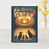 ヴィンテージ ハロウィン 子どもたちがカボチャの後ろに隠れる カード (黄色い花)