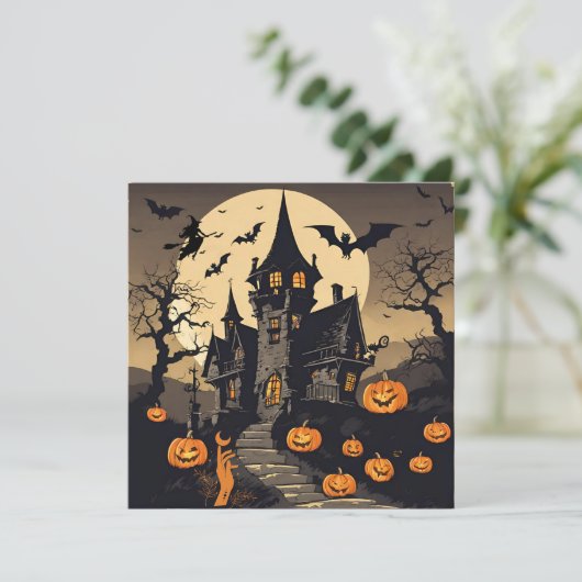 ヴィンテージ ハロウィン 幽霊屋敷、かぼちゃ、コウモリ シーズンカード (スタンド正面)