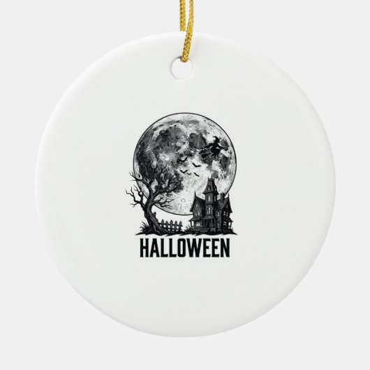 ヴィンテージ ハロウィン 幽霊屋敷 月 Tシャツ デザイン_ セラミックオーナメント (正面)