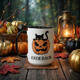 ヴィンテージ ハロウィン 猫ののぞき見 カスタムネーム マグカップ