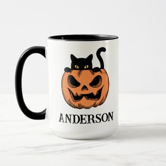ヴィンテージ ハロウィン 猫ののぞき見 カスタムネーム マグカップ (左)