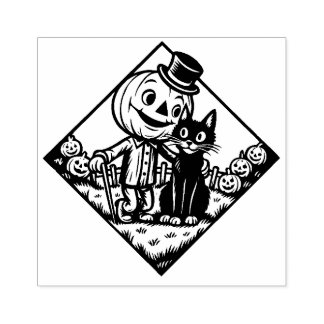 ヴィンテージ ハロウィン 猫 と 案山子 ゴム印