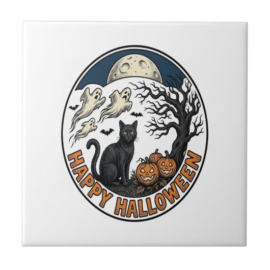 ヴィンテージ ハロウィン 猫 月夜の幽霊 バッジ_1 タイル (正面)