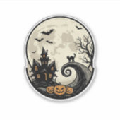 ヴィンテージ ハロウィン 猫 月 お化け屋敷 ベクター デ シール (正面)