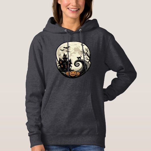 ヴィンテージ ハロウィン 猫 月 お化け屋敷 ベクター デ パーカ (正面)