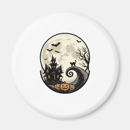 ヴィンテージ ハロウィン 猫 月 お化け屋敷 ベクター デ マグネット (正面)