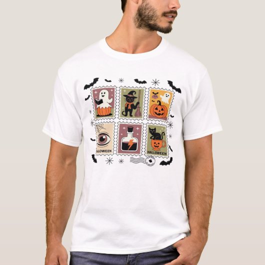 ヴィンテージ ハロウィン 猫 郵便切手 コレクション Tシャツ (正面)