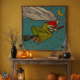 ヴィンテージ・ハロウィン、箒に乗った魔女の飛行 ポスター