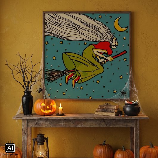 ヴィンテージ・ハロウィン、箒に乗った魔女の飛行 ポスター