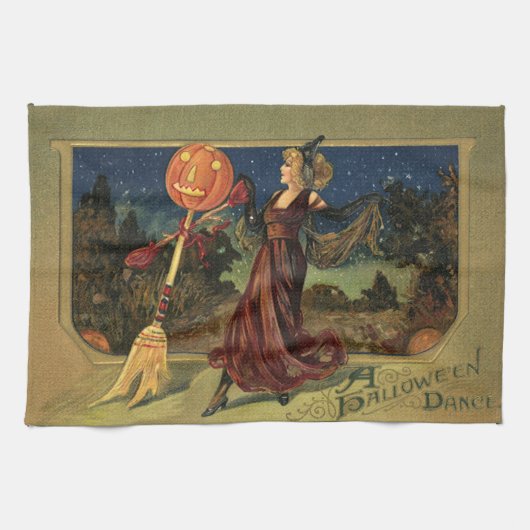 ヴィンテージ・ハロウィン 美しい踊る魔女 キッチンタオル (横)