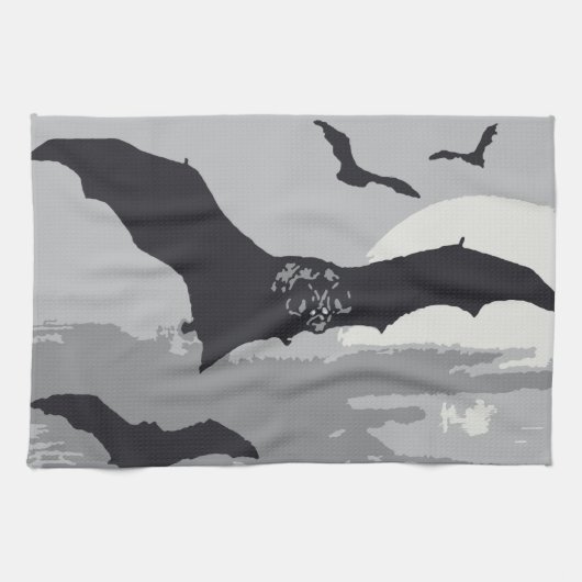 ヴィンテージ ハロウィン 飛翔する黒いコウモリ キッチンタオル (横)